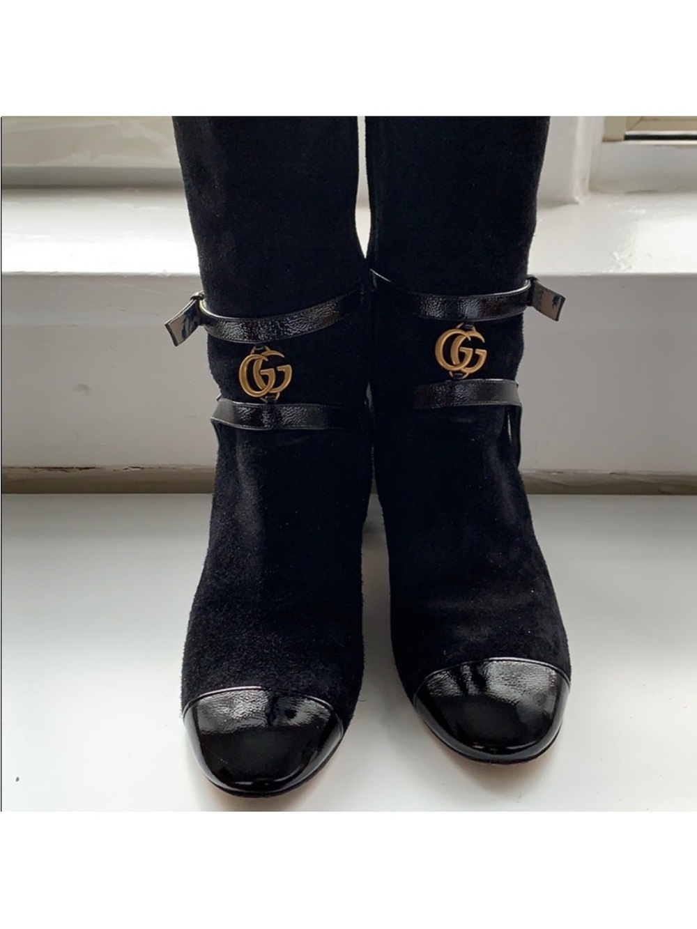 Gucci Black Suede Ankle Boots with Patent Cap Toe and Gold GG